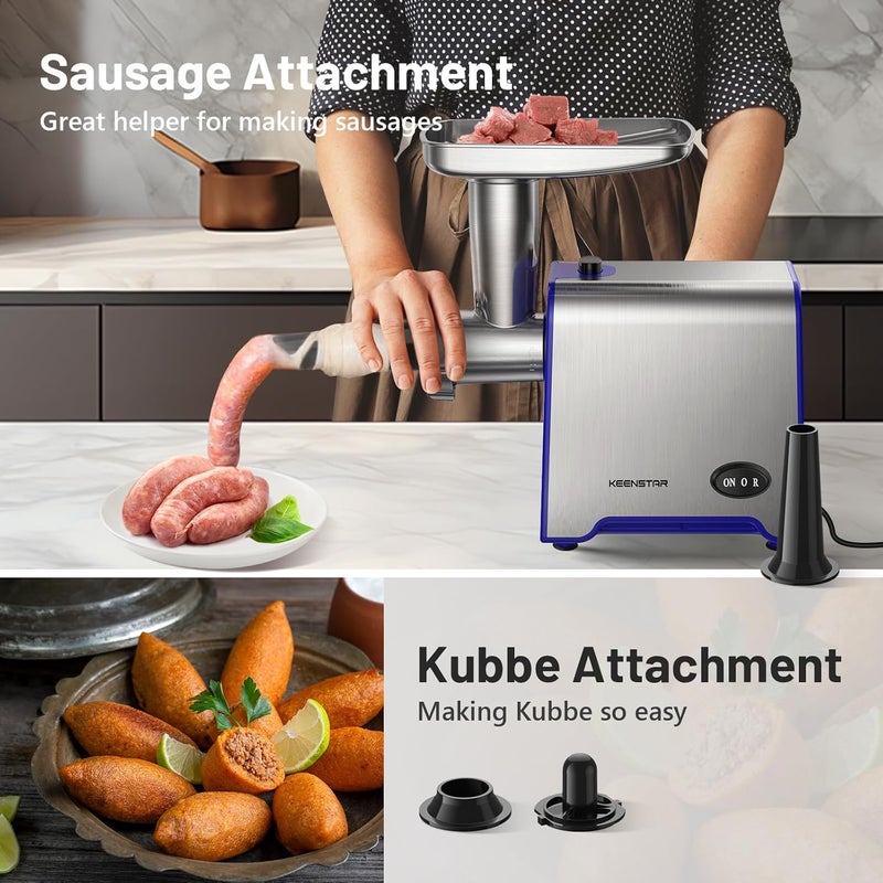 KEENSTAR Electric Meat Grinder, Sausage Stuffer Maker 450W(3000W Max) Food Grinder with Blade & 3 Plates, Sausage Stuffer Tubes & Kubbe Kit, Stainless Steel Heavy Duty Meat Mincer Machine for Home Kitchen Use - Image 4